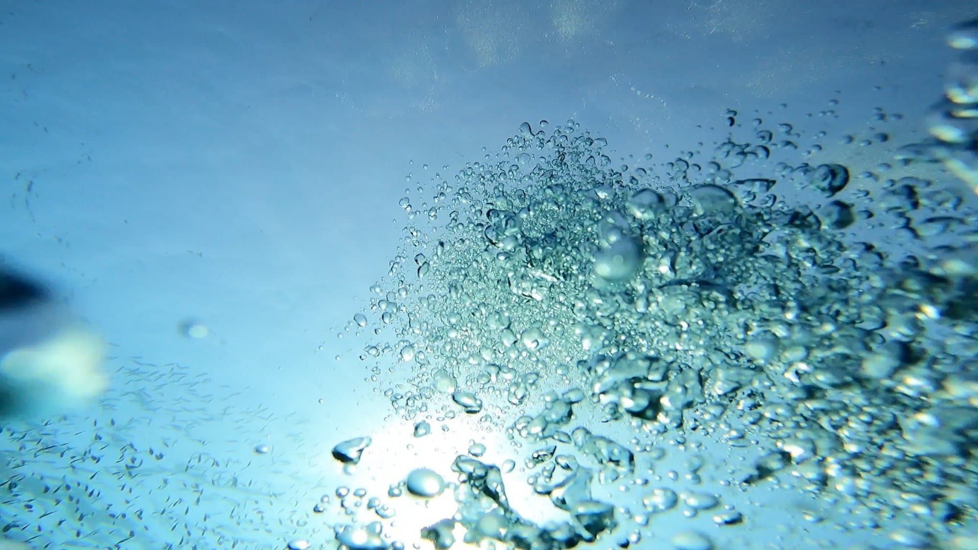 Scuba diving bubbles rising toward the ocean surface in Bali